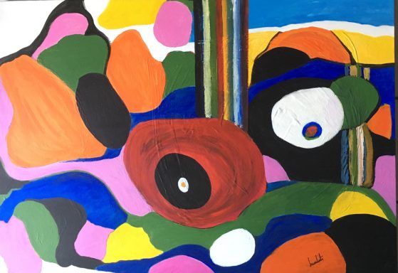 Composition abstraite colorée avec des formes organiques et des lignes vives.