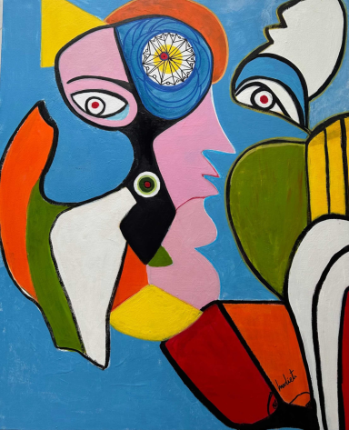 Peinture abstraite colorée représentant des visages stylisés et des formes géométriques.