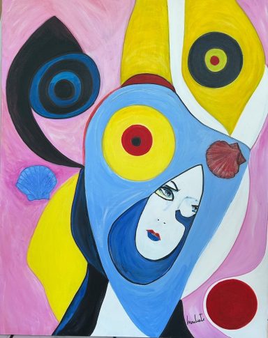 Visage stylisé avec des formes géométriques et des couleurs vives sur fond rose.