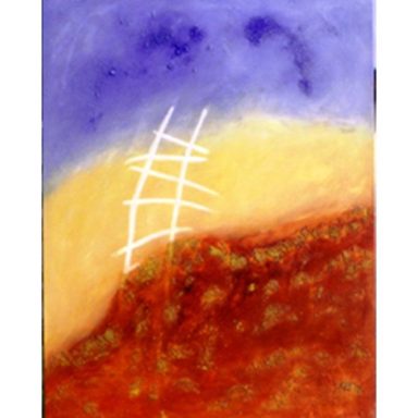 Ligne blanche verticale sur un fond aux tons chauds et chaotiques.