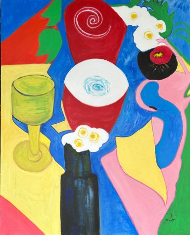 Composition colorée avec des formes abstraites, des verres et des fleurs.