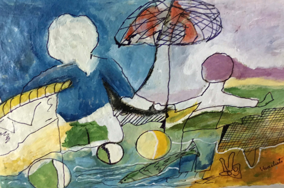 Deux figures stylisées avec un parapluie et des formes géométriques colorées en arrière-plan.