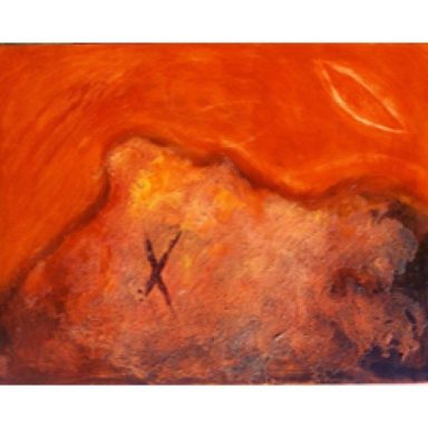 Abstraction dynamique aux nuances de rouge et orange avec une forme sombre centrale.